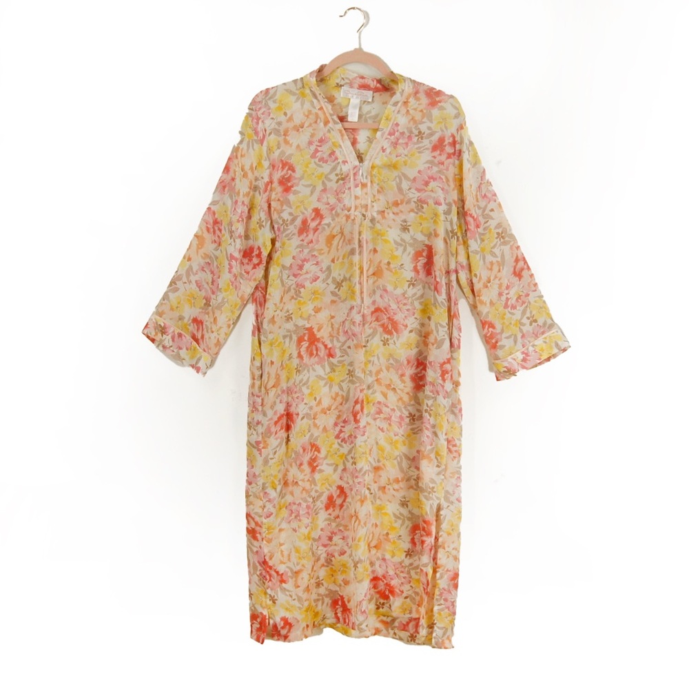 Vintage Oscar De La Renta Pink Label Floral Kaftan Long Sleeve Dress Cover Up